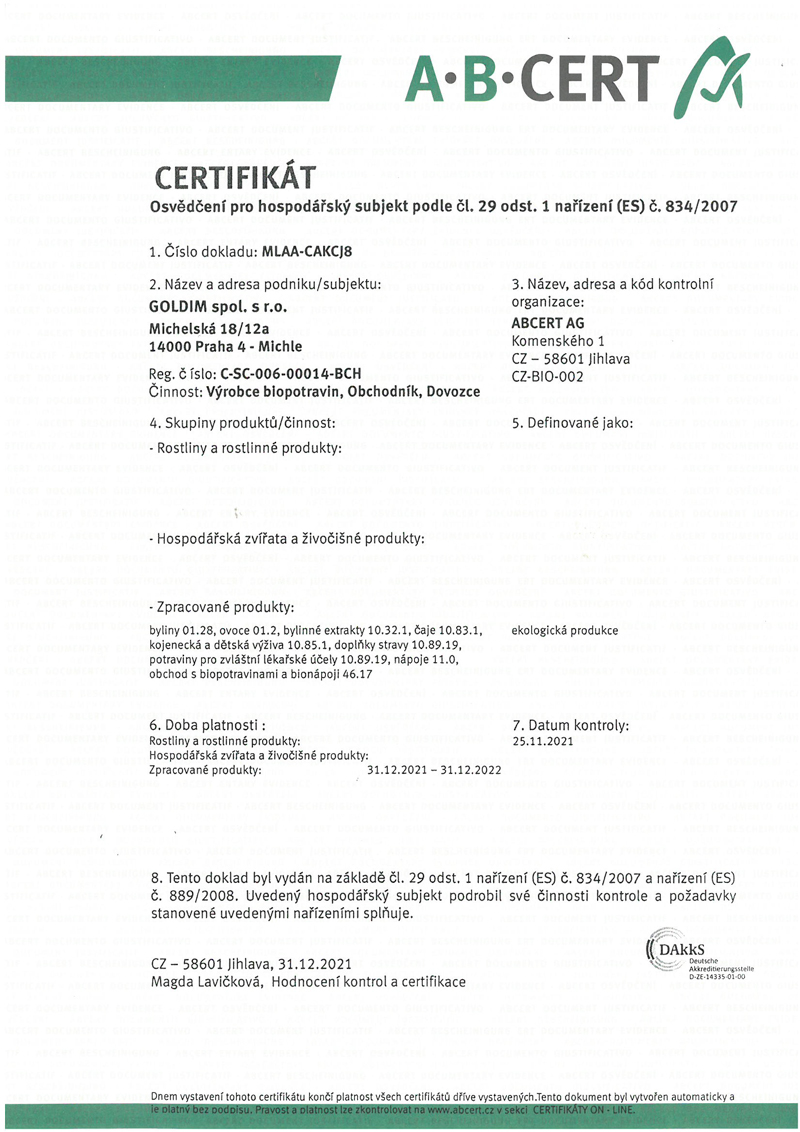 Certifikát BIO 2022